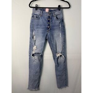 Revice Denim Light Wash Button Fly Ripped High Rise Straight Leg Jeans Women 27